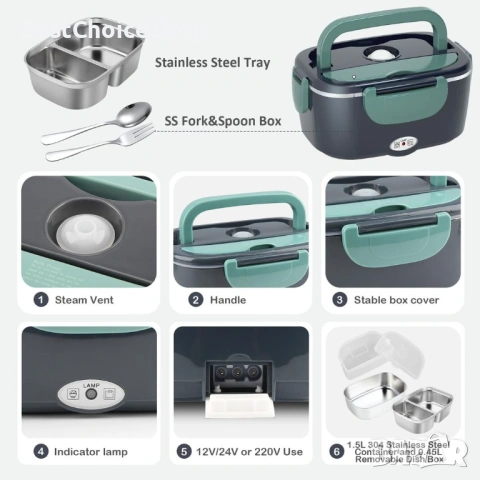 Електрическа преносима кутия за обяд 3 в 1, неръждаема стомана, с аксесоари, 220V/12V/24 , снимка 5 - Кутии за съхранение - 53145464
