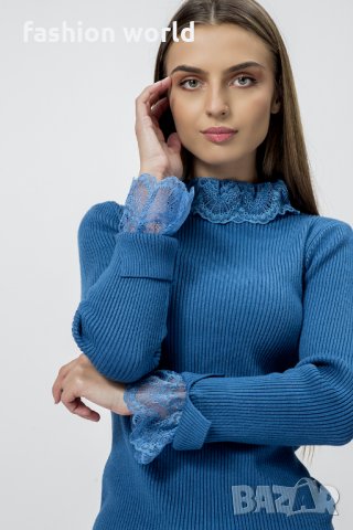 БЛУЗА С ВИСОКА ЯКА С ДАНТЕЛА  , снимка 1 - Блузи с дълъг ръкав и пуловери - 30956029