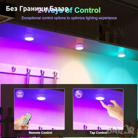 Нови 3 броя RGB LED спот лампи за шкаф/гардероб, дистанционно, 4 нива, таймер, снимка 2 - Лед осветление - 53364204
