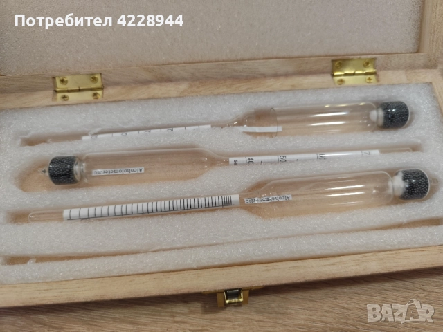 Комплект уреди за мерене на ракия (спиртомери) 3 бр. – 0–40°, 40–70°, 70–100°, в дървена кутия, снимка 6 - Други - 51997173