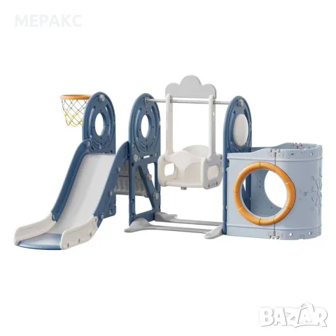 Детски център Feelkids с пързалка, люлка, баскетболен кош и тунел за игра – син