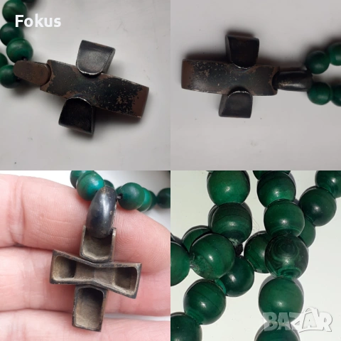 Стар гердан ланец колие от малахит със сребърен кръст, снимка 7 - Антикварни и старинни предмети - 54070694