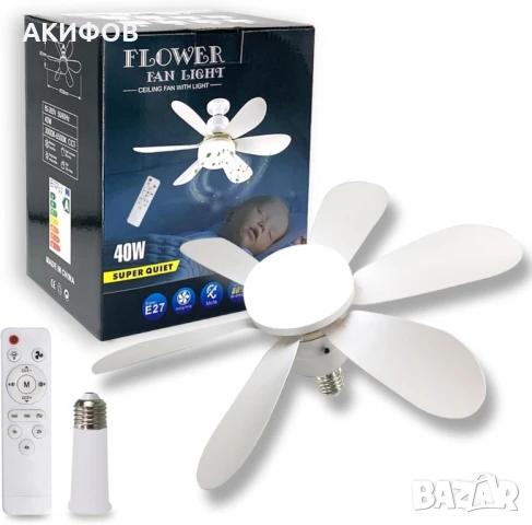 Модерна вентилаторна лампа с форма на цвете, LED осветление, дистанционно, 40W, 1200 лумена, снимка 4 - Полилеи - 51100212