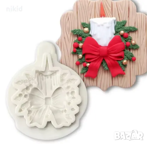 Коледна свещ с пандела и борови клонки коледен силиконов молд форма фондан шоколад торта декор