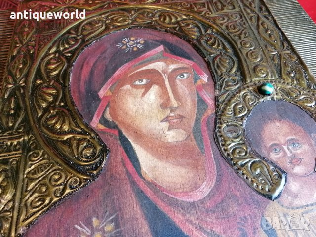 Уникална Голяма Рисувана ИКОНА Девата и Младенеца, снимка 3 - Антикварни и старинни предмети - 29099428
