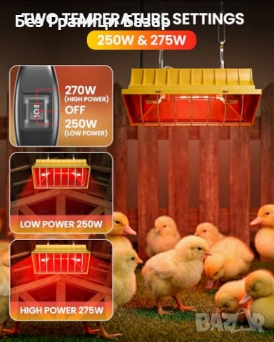 Нова Отоплителна лампа за птици 250W водоустойчива с 3 метра кабел за кокошарник, снимка 2 - Други стоки за животни - 54046755