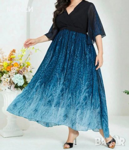 Луксозна дълга приказна рокля в синьо с красиви ръкави, снимка 3 - Рокли - 42160419