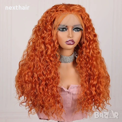 Оранжева къдрава дантелена перука 13*4*1, снимка 5 - Аксесоари за коса - 50463886