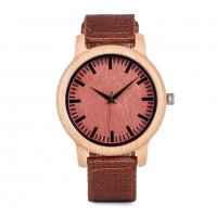 Унисекс часовник с корпус от бамбук и текстилна каишка в керемиден цвят, снимка 2 - Мъжки - 39052819