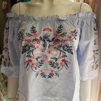 Светлосиня памучна рокля тип риза с бродерия и ластик около деколтето, снимка 3 - Рокли - 36625322