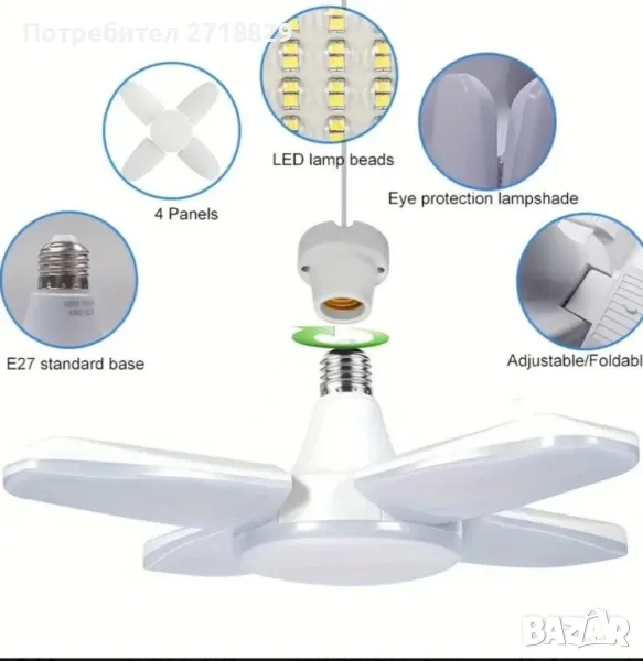 3 броя Сгъваема LED  лампа 14W, Е27, АС175-265V, Бяла Перфектна за Дома и Офиса, снимка 1