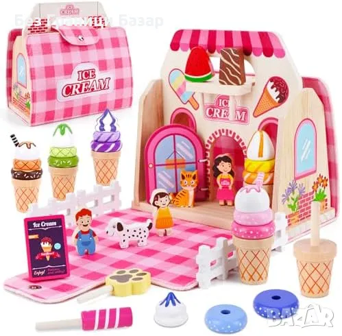 Нова Дървена Играчка за Кухня с 39 части - Сладоледен Комплект за Деца 3+, снимка 1