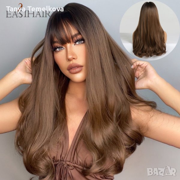 Дълга на вълни кафява перука с бретон, снимка 1