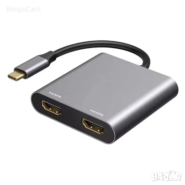 Преходник DeTech, 2в1, USB-C –2хHDMI, 4K, 30Hz, Сив, снимка 1