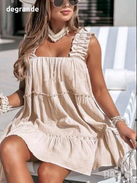 Свободна лятна рокля в Бяло и Бежово, снимка 1