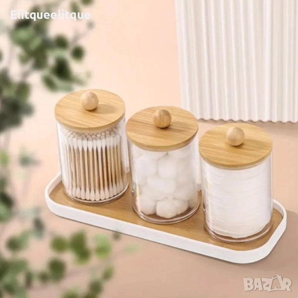 Стилен прозрачен контейнер за съхранение с бамбуков капак, снимка 1