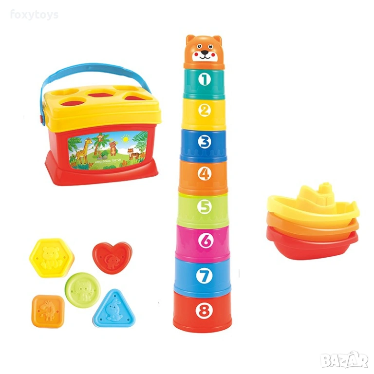 Кошница, сортер и кула, лодки, игри за пясък и сортиране, снимка 1