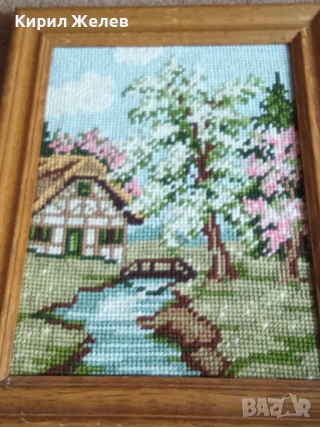 СТАР ГОБЛЕН СЕЛСКА КЪЩА ГЕРМАНИЯ ПАСТОРАЛЕН ПРОЛЕТЕН СЕЛСКИ ПЕЙЗАЖ в ДЪРВЕНА РАМКА 30925 , снимка 1