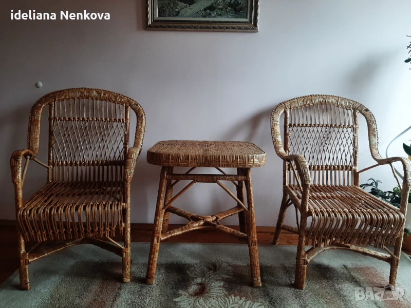 Комплект от маса и две кресла от естествен ратан, снимка 1