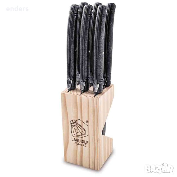 Комплект 6 ножa за стекове с дървена поставка Laguiole Style de Vie Premium Black Stonewash, снимка 1