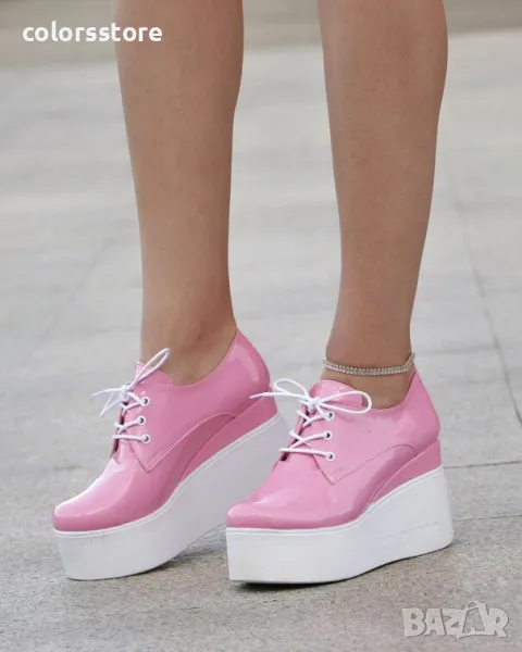 Обувки на платформа - розов лак с бяло ходило - 120K, снимка 1