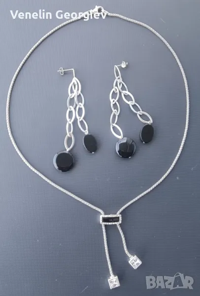 Дамски комплект, сребърно колие и обици, с камъни циркони и оникс 925, снимка 1