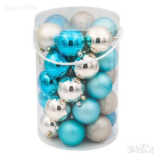 30 броя Комплект коледни топки, цвят Тюркоаз и Шампанско, снимка 1