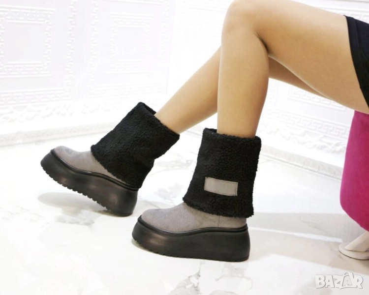 Боти на платформа - черно и сиво велур - BPK1, снимка 1