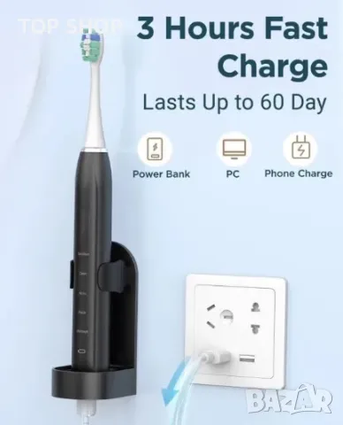 Електрическа Ултразвукова четка за зъби Phylian Pro U17, 6 сменяеми четки, 5 режима на четкане, Чере