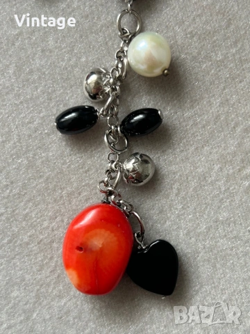 Луксозно уникално сребърно колие с естествени камъни корали, оникс и перли , снимка 2 - Колиета, медальони, синджири - 54023424