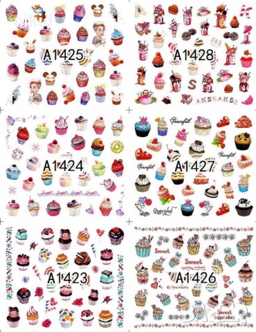 лист 12 в 1 Кексчета Десерти слайдер татос ваденки водни стикери за нокти маникюр, снимка 3 - Продукти за маникюр - 31987737