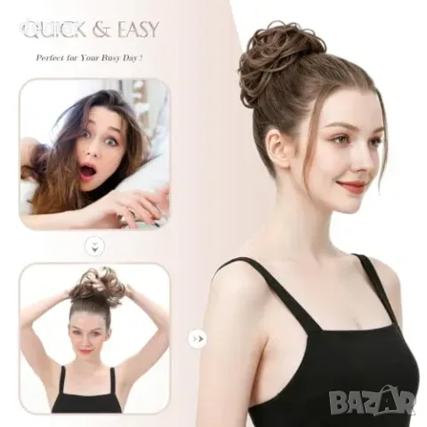 Еластичен кок Messy Bun с вълни/къдрици 38 г, тъмен кафяв, снимка 6 - Аксесоари за коса - 55871335