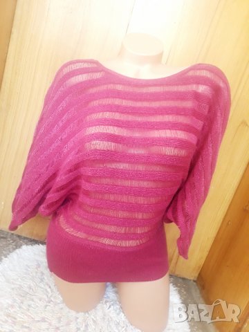 Цикламена блуза плетиво тип прилеп С, снимка 2 - Блузи с дълъг ръкав и пуловери - 34244380