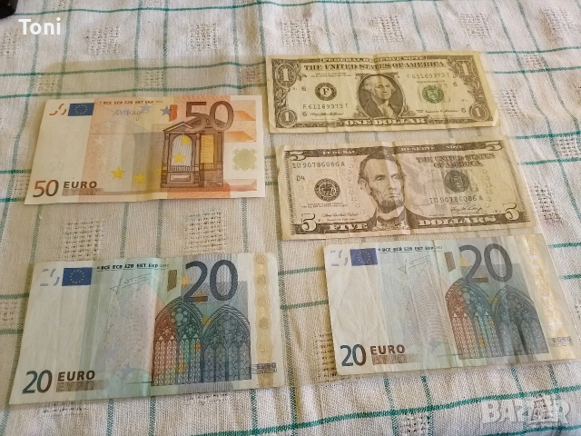 1 Dollar 1 долар 5 Dollar 5 долара 20 евро 2002 20 Euro 2002,50 Euro 2002 50 евро 2002