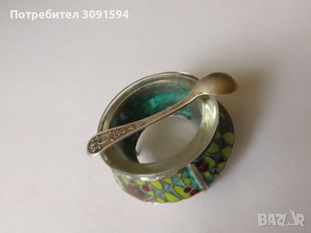 Винтидж руска мелхиорна с  емайлирана за сол   с лъжица, снимка 3 - Антикварни и старинни предмети - 42087417