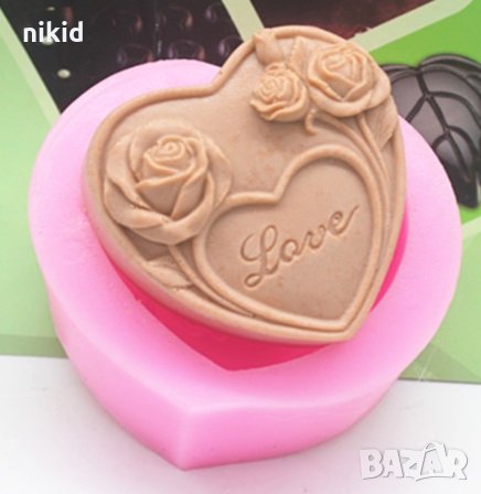 Голямо дълбоко сърце Love  с рози силиконов молд форма калъп фондан гипс сапун шоколад украса