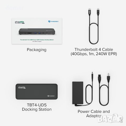 Plugable докинг станция Thunderbolt 4, един 8K или два 4K HDMI, 100 W, снимка 7 - Други - 44476839