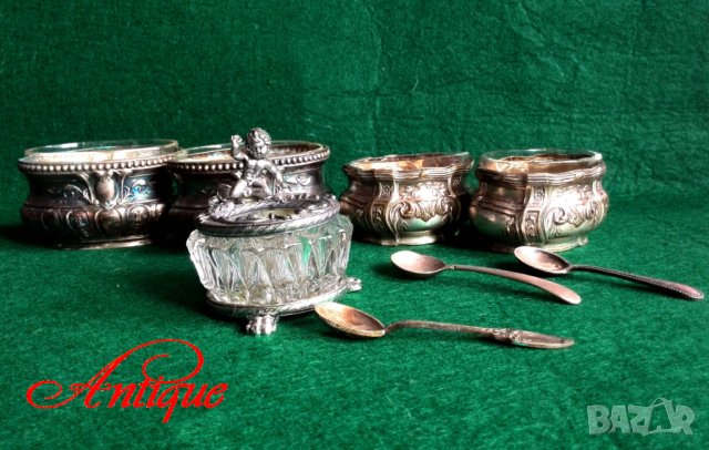 Винтидж посребърени съдове и лъжица за сол,пипер -хайвер с ангел херувим, снимка 5 - Антикварни и старинни предмети - 42149880