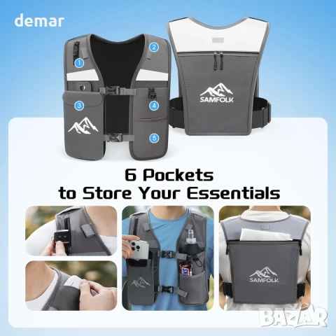 Жилетка за бягане Samfolk LED, регулируема унисекс светлоотразителна, 500 мл, XS/S (61-81 см), снимка 8 - Други спортове - 50925608