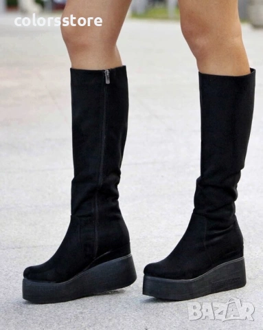 Ботуши на платформа - черен велур с черно ходило - 136K