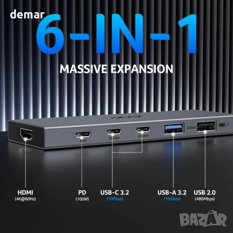 Acer 6-в-1 USB C хъб 10Gbps, USB C към HDMI адаптер 4K@60Hz, 2×USB-C 3.2, 1×USB A 3.2, 1×USB 2.0, снимка 2 - Кабели и адаптери - 54217906