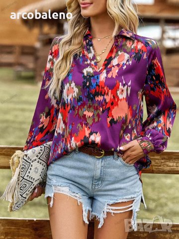 Дамска блуза с флорален принт и V-образно деколте, 4цвята - 023, снимка 11 - Блузи с дълъг ръкав и пуловери - 42038517