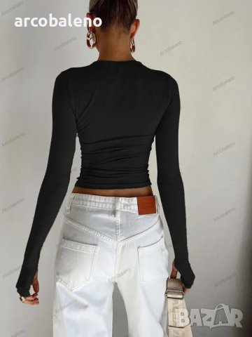 Дамска едноцветна Hot Girl Slim Fit тениска с кръгло деколте и дълъг ръкав, 8цвята, снимка 13 - Тениски - 42771314