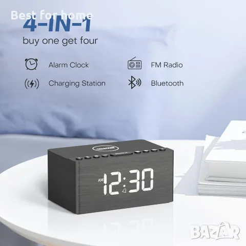 ANJANK Дървен Bluetooth високоговорител с будилник и FM радио, безжична станция за зареждане , снимка 2 - Безжични зарядни - 55874482