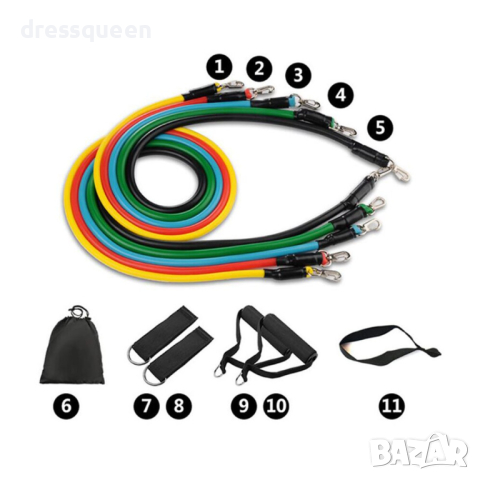 0849 Комплект ластици за тренировка на различни мускулни групи от 11 части и натоварване до 45.3кг, снимка 9 - Фитнес уреди - 44919414