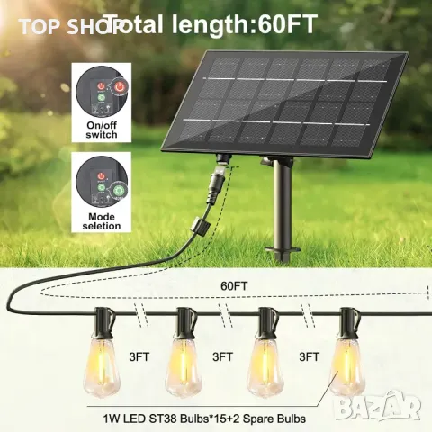Външни соларни стрингови светлини, 18,3 м, 15+2 LED нечупливи крушки, дистанционно, USB конектор, снимка 2 - Соларни лампи - 49957221