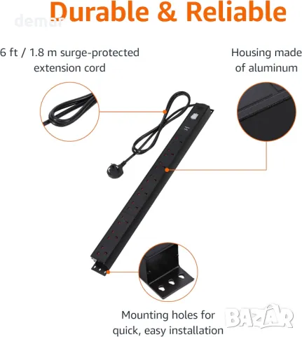 Amazon Basics метален разклонител, защита от пренапрежение, 9 изхода (щепсел за Великобритания), снимка 2 - Други стоки за дома - 49405105