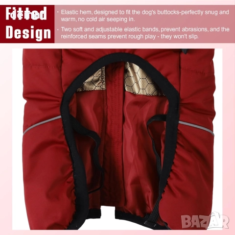 Зимно кучешко палто за кучета Poseca с колан, водоустойчиво, ветроустойчиво, М, червено, снимка 6 - За кучета - 51919849