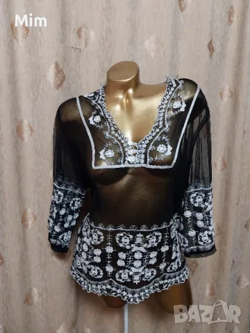 Studio 46/48 Черна прозрачна блуза с бяла бродерия , снимка 3 - Блузи с дълъг ръкав и пуловери - 48503494