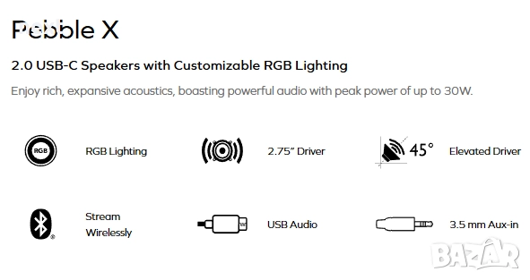 Озвучителна система Creative Pebble X 2.0 USB-C, RGB подсветка, снимка 6 - Аудиосистеми - 52772661